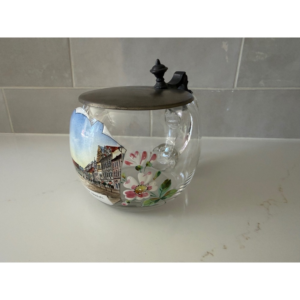 Czechoslovakian Glass Beer Stein Pisek Velke Namesti Hand Painted Pewter Lid